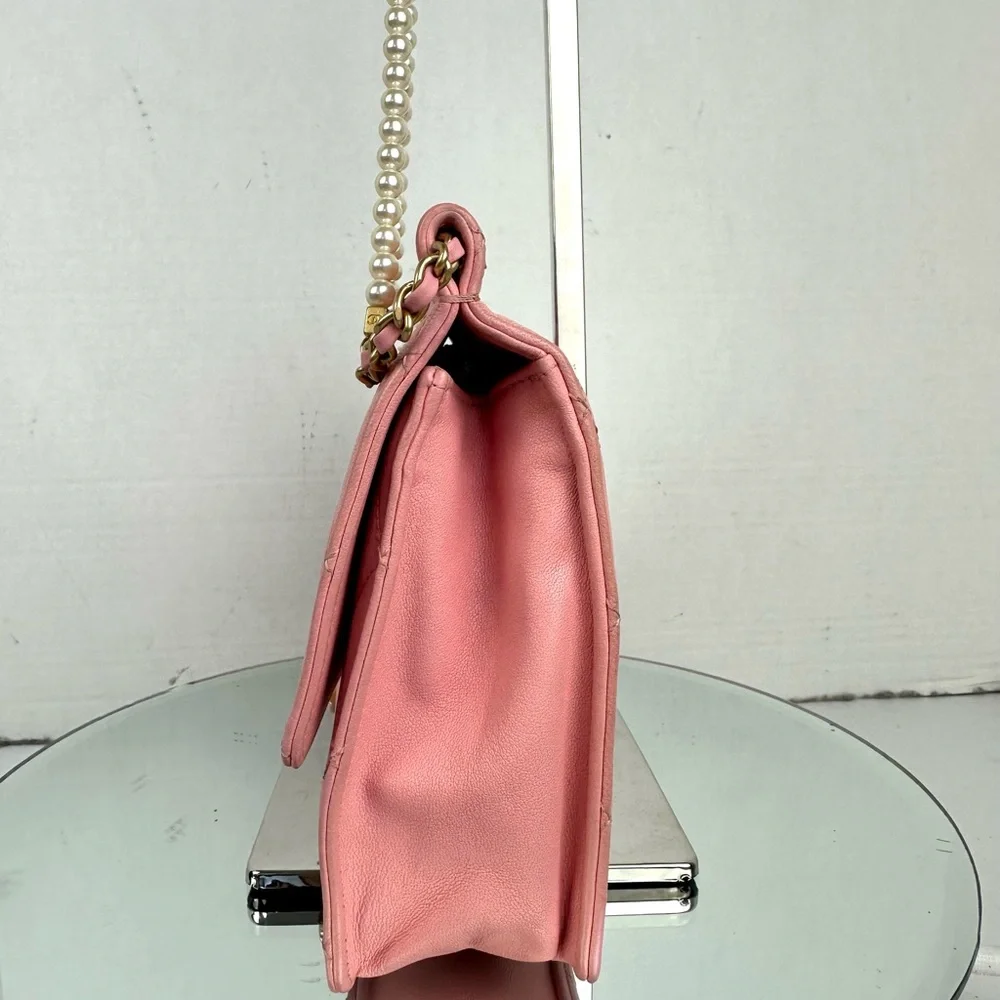 CHANEL Pink Quilted Lambskin Flap Bag with Pearl-Accented Chain